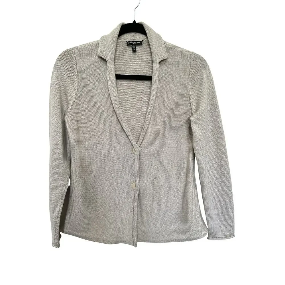Eileen Fisher Womens Petite P Merino Wool Cardigan Sweater Beige Button Front